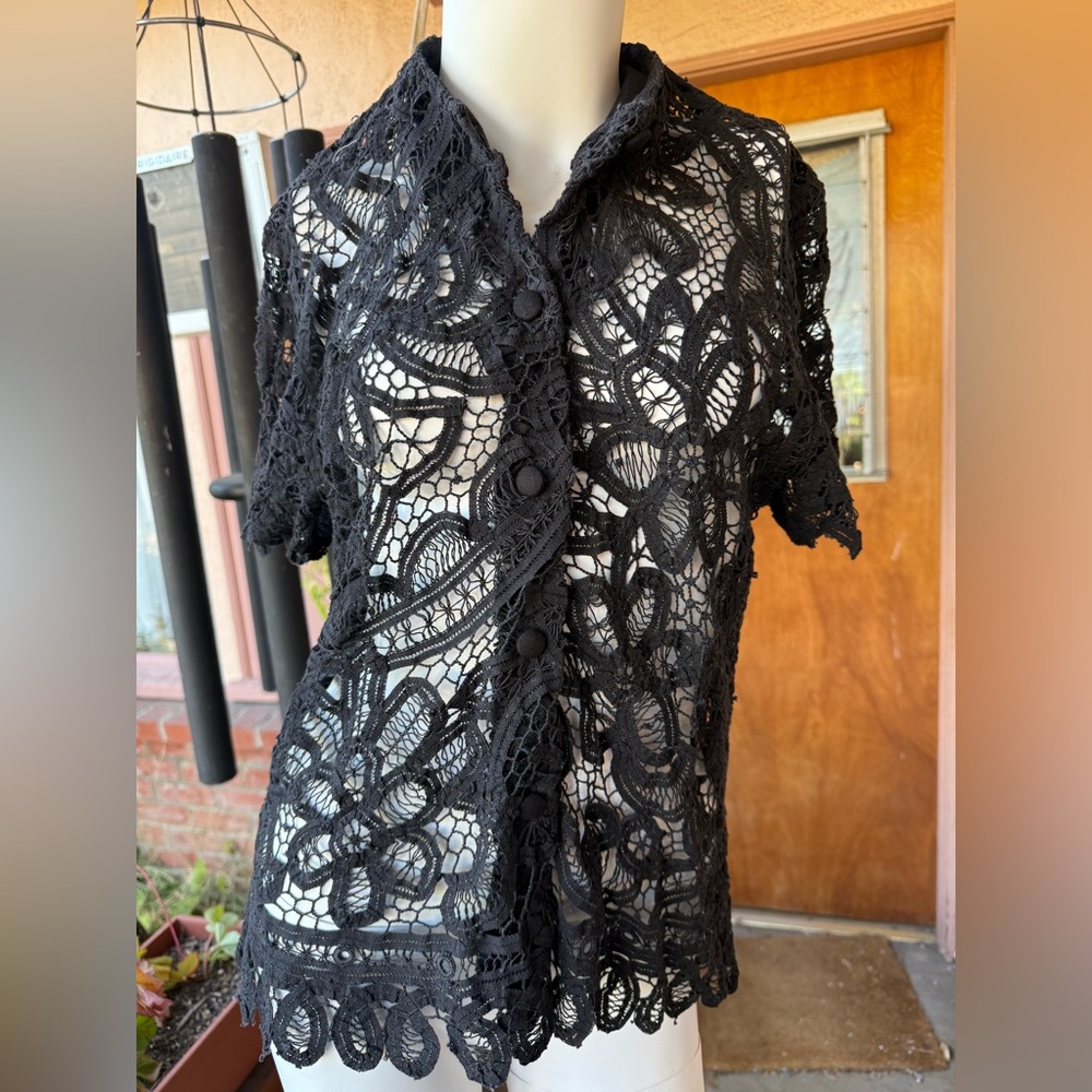Black lace short sleeve button up shirt